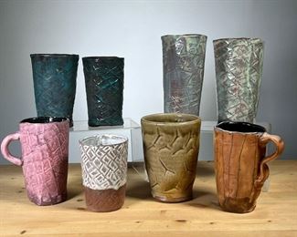(8PC) MEG SMEAL POTTERY CUPS/MUGS | Handmade Art Pottery Assorted Mugs/Cups, most pieces signed. - h. 6 x dia. 3 in (Purple/Green Mug)