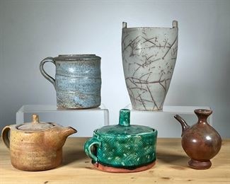 (5PC) MEG SMEAL POTTERY GROUP | Handmade Art Pottery by Meg Smeal and other potters, some pieces unsigned. - l. 5 x w. 4 x h. 8 in (Largest White Handled Vase)