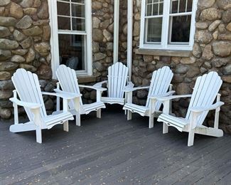 (5PC) ADIRONDACK CHAIRS | A set of five outdoor patio chairs: Leisure Line polywood Adirondack chairs in white. - l. 40 x w. 33 x h. 40 in
