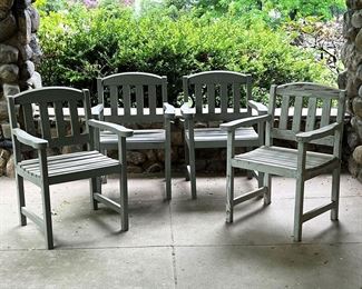 (4PC) OUTDOOR PATIO CHAIRS | Outdoor wood garden armchairs with gray finish. -  l. 24 x w. 18.5 x h. 33 in