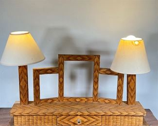 TRAMP ART DRESSING MIRROR | Tramp Stick Art Dressing Mirror in 3 Parts with drawer and 2 lights (matchstick art). - l. 31.5 x w. 7.5 x h. 16 in