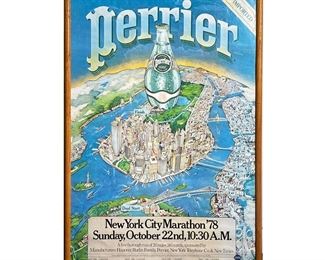 PERRIER 1978 NYC MARATHON POSTER | Perrier sponsor print ad for the 1978 New York City marathon; with listings of all the mile marker locations; framed behind glass. -  l. 37 x w. 25 in (overall)