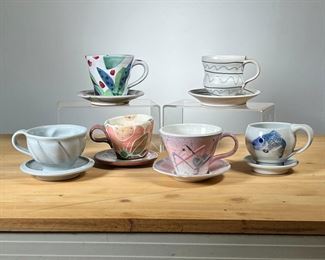 (6PC) ART POTTERY CUPS & SAUCERS | Handmade Pottery cups and saucers by various potters, some pieces signed. - h. 3.5 x dia. 5 in (pink cup)
