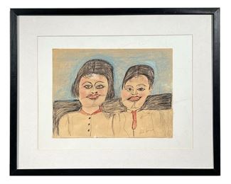 S. L. JONES (1901-1997) | Two women
Pastel and pen on paper
Signed lower right
Float mounted, matted and framed. - l. 12 x h. 9 in (sheet)