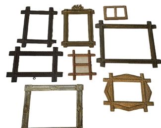 (8PC) TRAMP ART FRAMES | (8) Tramp Art Frames including unusual and nice Twin Hearts Frame in old gold paint. -  l. 9 x h. 13.5 in (Gold Frame W/ Hearts)