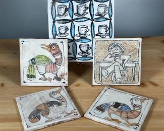 (5PC) ART POTTERY TILES | Including a cup & saucer tile stamped "MEXICO", (3) Bird tiles and (1) Meg Smeal Tile. - l. 6 x h. 6 in (C/S Tile)