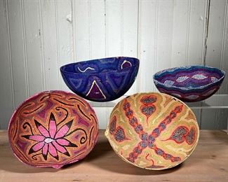 (4PC) PEPE SANTIAGO GOURD BOWLS | Pepe Santiago Vintage Painted Gourd Sculptural Bowls from Mexico. All are signed by artist. - l. 7.25 x w. 6.5 x h. 4 in (Largest yellow bowl)