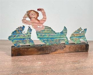 MARCIA WILSON (1936-2018) FOLK ART MERMAID | Folk Art Punched Tin Mermaid and Fish on stand. Signed Marcia Wilson (1936-2018) Leonia, NJ on base. -  l. 6 x w. 12 in (overall)