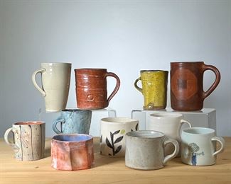 (11PC) MEG SMEAL ART POTTERY CUPS | Art pottery Mugs, cups. By Meg Smeal and other Potters. - h. 5 in (tallest)
