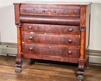 EMPIRE CHEST OF DRAWERS | 19th Century Classic Empire Dresser with mahogany veneer, having two drawers over four full-width drawers, with carved  paw feet. - l. 45.5 x w. 20.5 x h. 44 in