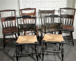 (6PC) HITCHCOCK CHAIRS | (2) Pair Hitchcock Medallion back, rush seat, Stenciled "Hitchcock", (2)  Pair Hitchcock, wood seat, (1) Hitchcock wood seat, (1) Country Rod Back. -  l. 17.5 x w. 15 x h. 34 in (Signed Hitchcock)