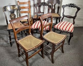 (8PC) VICTORIAN & ASSORTED CHAIRS | Lot Includes: (2) Pair Victorian, (2) Pair Grained with Cane seat, (2) Cane seats, one Stenciled, (1) Oak side chair and (1) Splint seat rocker. - l. 18.5 x w. 17 x h. 35 in (Victorian Chair)