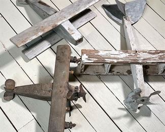 (3PC) FOLK ART WOODEN PLANES | (2) Wood Biplanes both with old paint. (1) Twin Engine Plane in old gray paint with damage to tail fin and propeller. -  l. 24 x w. 27 x h. 7.5 in (Large White Biplane)