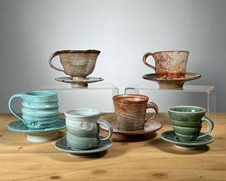 (6PC) ART POTTERY CUPS & SAUCERS | Including brown and green glazed tea cups each with a matching saucer. - h. 3.25 x dia. 4 in (largest cup)