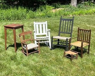 (6PC) LOT OF SMALL CHAIRS | Lot of small wood seating including child’s rush seat rocker; white painted child’s rocker; child’s armchair with matching footstool; child’s rocker with fabric upholstered seat; four-legged barstool. - l. 26 x w. 17 x h. 34 in (rush seat rocker)