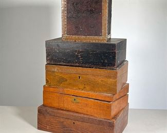 (5PC) TRAVEL WRITING DESK BOXES | (4) Travel desk boxes with fitted interiors. (1) Storage Box with brass side supports and brass clasp. - l. 6.5 x w. 7 x h. 7.5 in (Brass Sided Box)