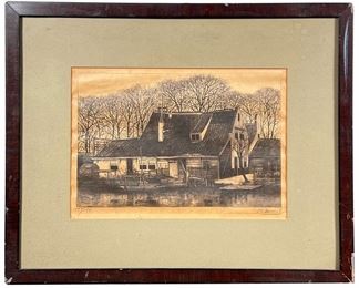 ETCHING OF HOMESTEAD | Etching of a Dutch home by wetlands; signed in lower right “P. F—“and numbered 154/155 Amsterdam. -  l. 13.5 x w. 16 in (overall)
