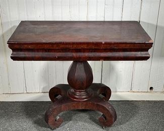 EMPIRE GAMES TABLE | 19th C Empire Games Table w/ pedestal base.  Some veneer loss. -  l. 36 x w. 18 x h. 29 in (Closed)