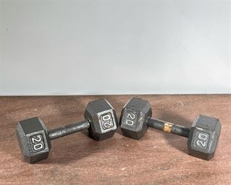 PAIR 20LB DUMBBELLS | A pair of 20-pound dumbbells. - l. 11 x w. 4.5 in (each)