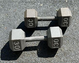 PAIR 30LB DUMBBELLS | Pair of 30-pound dumbbells. - l. 12 in