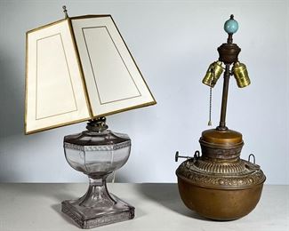 (2PC) GLASS OIL & BRASS EMBOSSED LAMP | American Pressed Glass 19th C Oil Lamp in Roman key design w/screw in light and shade
Also 19th C Brass oil Lamp. Electrified. - l. 7 x w. 7 x h. 9 in (Glass Oil lamp only)