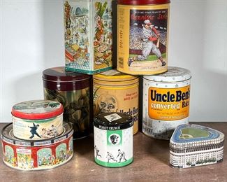 GROUP OF TIN CONTAINERS | Group of Collectors Tins Includes Uncle Bens Rice, Yankee Stadium Tin, Other Baseball Tins and more.