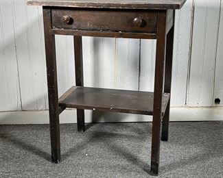 ONE DRAWER WORK STAND | Dark-worn finish. Drawer is dovetailed. - l. 24 x w. 17.75 x h. 29.5 in