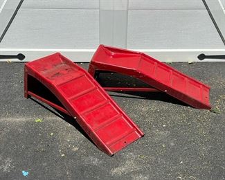 (2PC) CAR RAMP LIFTS | A set of red metal car lifts; collapsible. -  l. 36 x w. 11 x h. 12 in (each lift)
