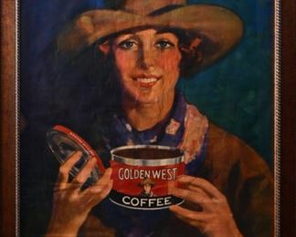 Rare Golden West Coffee cowgirl advertising poster. 