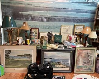 Golf items:  framed artwork:  lithographs, watercolor, prints, and posters; cups; lamps; figurines; lines; games, and more!