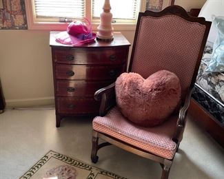wood and upholstered armchair; 4-drawer chest; vintage lamp, needlepoint 2 x 3 area rug; and more!