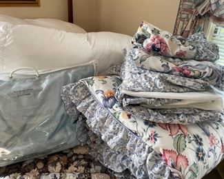 Queen topper - like new; Grandinroad silk pillow; duvet set with 4 shams and bedskirt