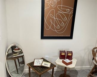 side tables, framed posters, a vintage oval mirror, and more!