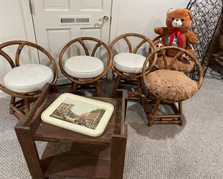 Round cocktail chairs (3 with vinyl, 2 with shag), cocktail table on casters and vintage tray