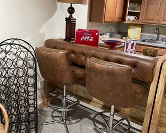 Bar (2 pieces) and 4 chrome swivel barstools, metal wine rack, Coca-Cola radio, lamp and more!