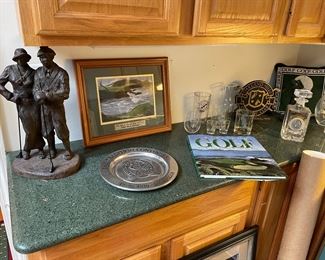 Golf decanters, figurines, pewter, framed print, coffee table books, OHCC brass marker, and more!
