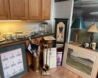 More golf :) - set of porcelain china with a golf theme; brass desk lamp, fireplace tools, umbrella holder, lamps, framed lithographs, tall storage cabinet, and more!