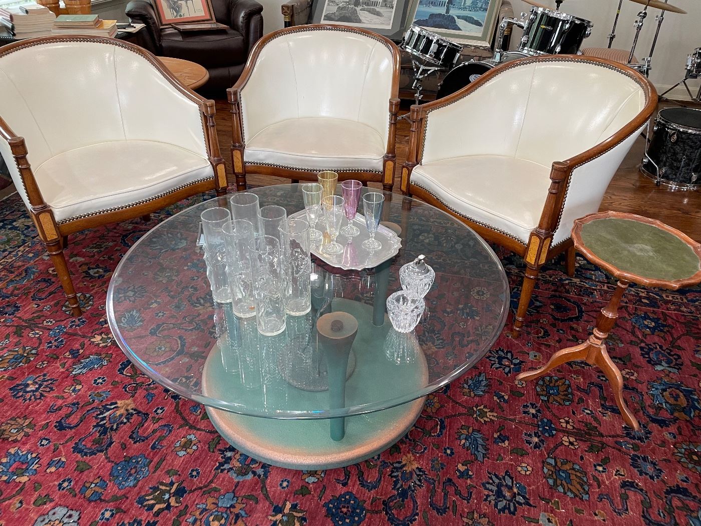 12' x 16'.5"  (approx) area rug - circa 1920 Iranian - handmade - very good condition; a set of 3 club chairs; a round glass golf cocktail table, vintage glassware, and more!