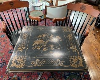 Black cafe table with gold leaf and 2 Oakland University chairs