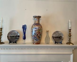 Large Asian vase; brass candle holders, blown glass vase, cut glass vase, and collector plates