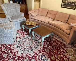 MCM-styled curved couch, wingback chairs - 2; provincial side cocktail tables - 2; large area rug  8' x 12 - handmade wool and silk - excellent condition 
