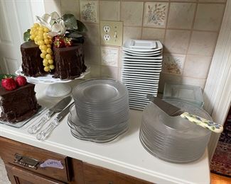 Glass dessert and porcelain appetizer plates; service pieces; and faux dessert on milk glass cake pedestal