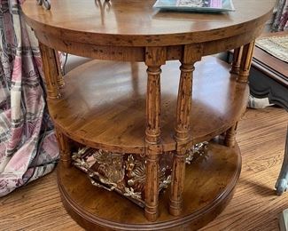 round burled walnut side table with 2 tiers