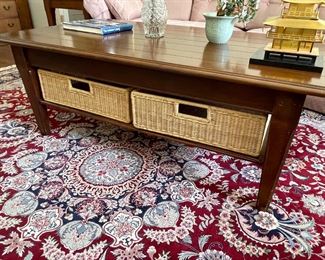 Lane coffee table with 2 lower storage baskets, and another view of the wool and silk 9 x 12 area rug - handmade 
