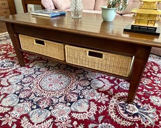 Lane coffee table with 2 lower storage baskets, and another view of the wool and silk 9 x 12 area rug - handmade 