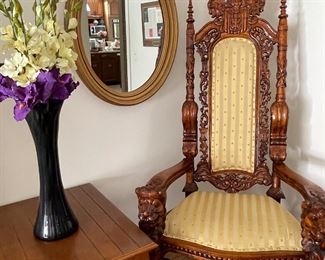 Large lion head armchair - excellent condition, round mirror, Lane side table; and large blown glass vase