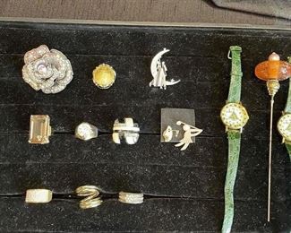 costume rings, pins, watches and hat pin