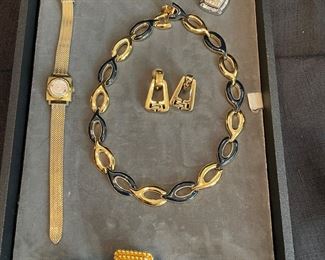 Vintage Earnest Borel cocktail watch, Designer jewelry: 
Christian Dior, St. John, Carlisle, Sports pendant  earrings, and Balfour Back-to-Back Champions pendant