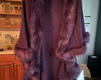Purple dyed faux fur and wool shawl