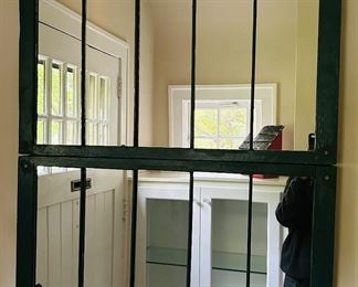 2 antique windows upcycled to mirrors - painted dark green frame - hung horizontally and stacked